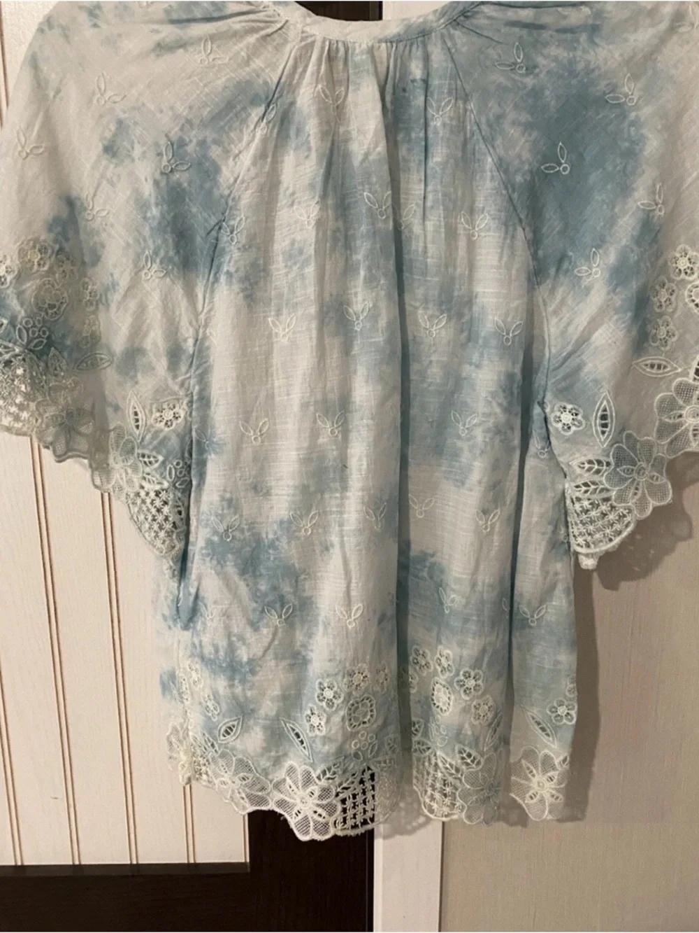Anthropologie Embroidered Tie Dye Eyelet Boho Puff Sleeve Blouse Top XS